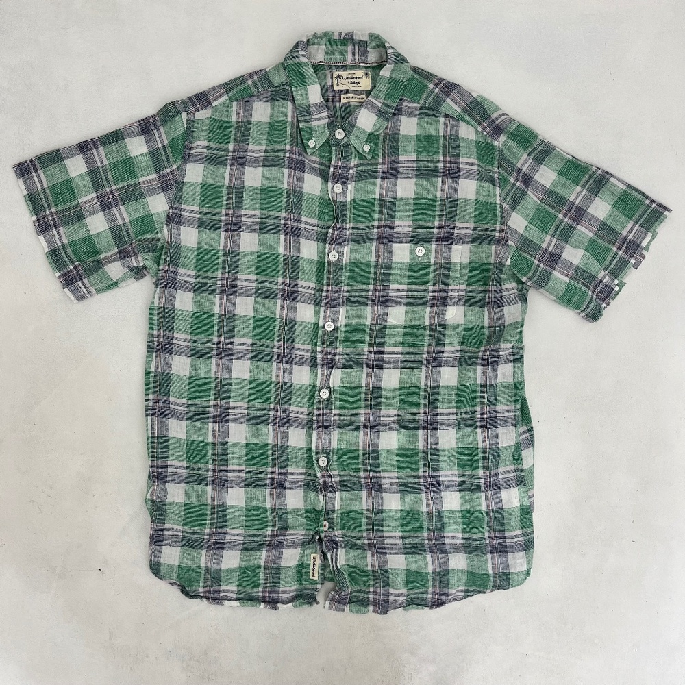 Weatherproof Vintage Mens Size L‎ Shirt Green Plaid Washable Linen Short Sleeve